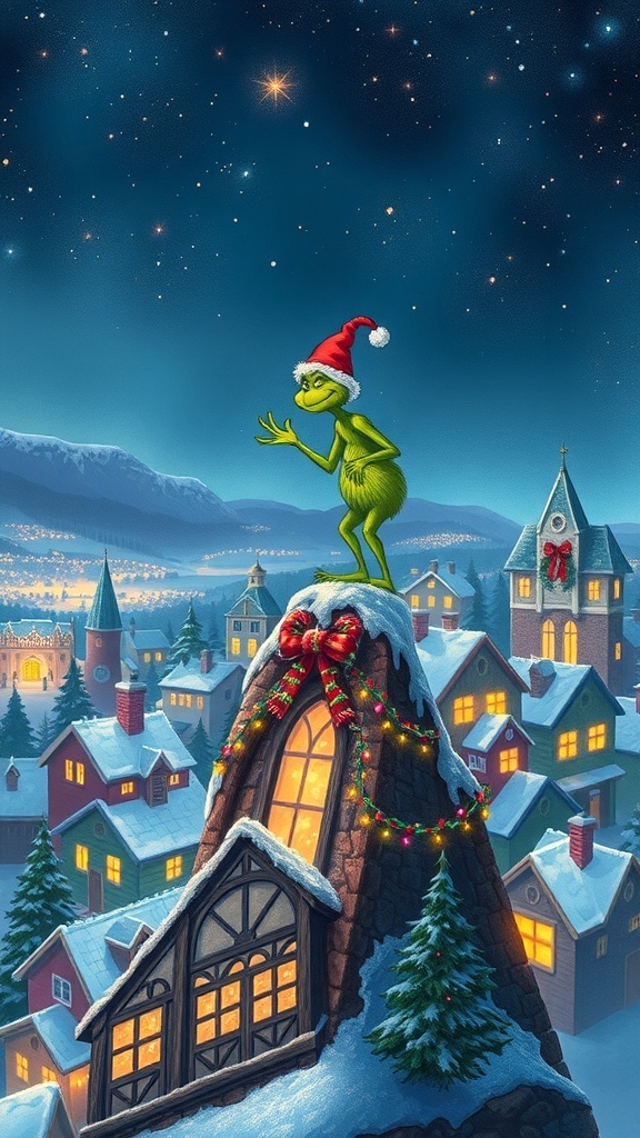 The Grinch on Mount Crumpit overlooking a festive Whoville during Christmas.